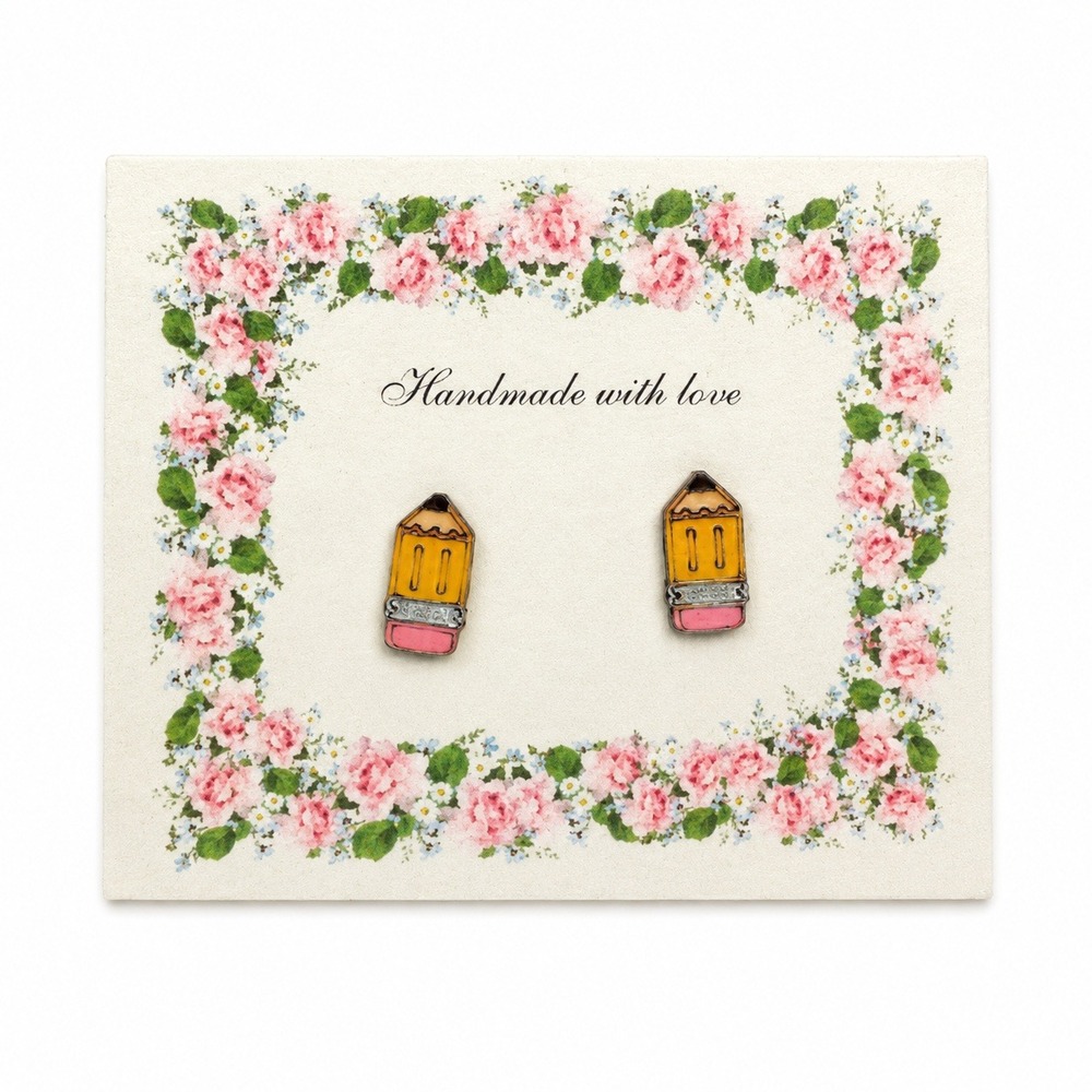 Handmade Pencil Stud Earrings Women OS Yellow Pink Wood Back to School Teacher